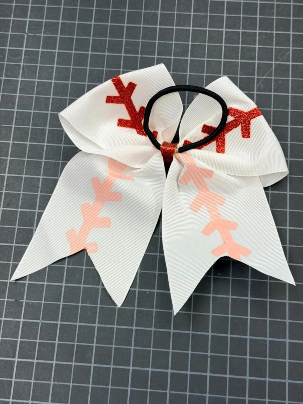 White Cheer Baseball Bow with Red Glitter Stitch Detail